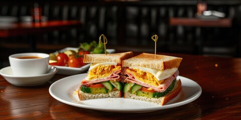 Egg and ham club sandwich with cucumber and tomato presented on a white plate placed on a dark wooden table in a dining establishment.