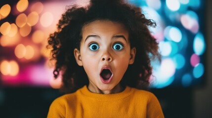A young child expresses astonishment with wide eyes and an open mouth while sitting in a living room, captivated by the TV screen