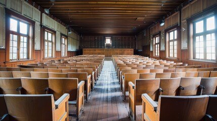 Vintage Wooden Auditorium with Rows of Empty Seats and Large Windows in Historic Building