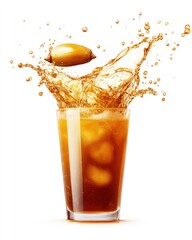 A glass of brown liquid with ice cubes and an acorn splashing into it, isolated on a white background.