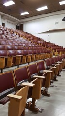 Modern University Lecture Hall with Rows of Empty Seats and Wooden Desks in Academic Building