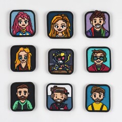 Nine square colorful cartoon character patches.