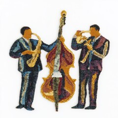 Two men playing jazz instruments with a double bass between them.