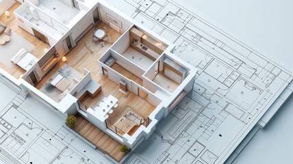 Modern Architectural Floor Plan with 3D Interior Design Layout and Detailed Blueprint