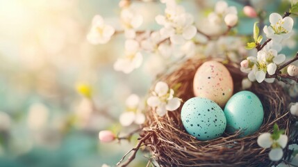Obraz premium Delicate Easter eggs, intricately painted, are nestled in a natural nest adorned with blooming spring flowers in soft light