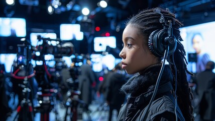 Fototapeta premium Young Woman with Headphones in a Modern Studio Surrounded by Cameras and Screens