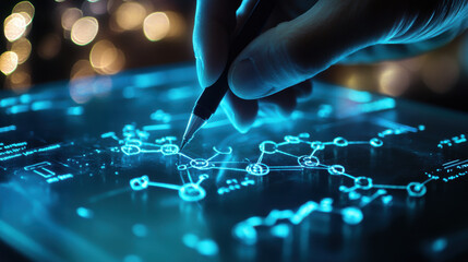Close-up of a hand sketching molecular structures on glass, symbolizing the