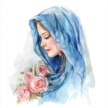 recommend clip art: Watercolor clipart of Holy Mary framed by a halo and an array of vibrant roses, highlighting her grace and divine nature.
