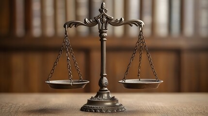 A close-up view of a perfectly balanced scale, each side holding objects that represent justice and equality, with a background that reflects the precision and meticulousness