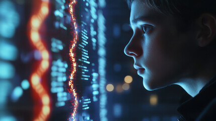 Close-up of DNA strands on a digital screen, with a scientist in the background analyzing