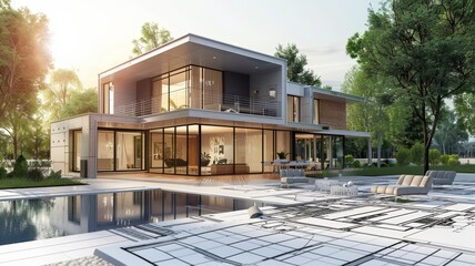 Modern Luxury House with Pool and Architectural Blueprints in a Serene Green Environment at Sunset