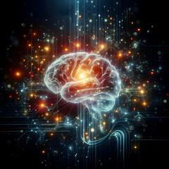 Glowing Abstract Digital Brain with Floating Data Nodes Concept - Innovative AI Technology Artwork Featuring Illuminated Brain and Dynamic Data Processing Nodes in Dark Background