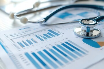 Close-up of a healthcare business report with charts and graphs on financial growth, symbolizing industry analysis, photo-realistic