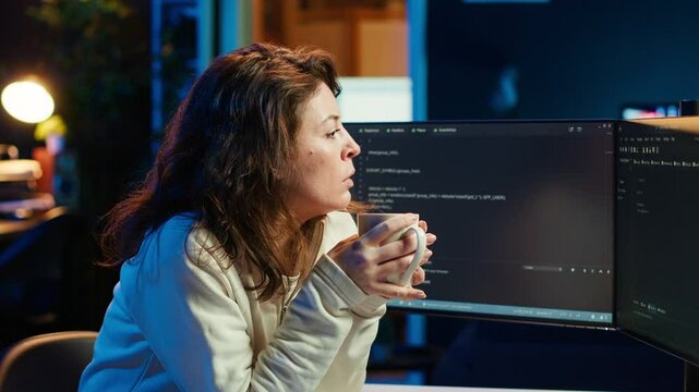 Portrait of engineer drinking coffee in the morning and futureproofing company network from downtimes. IT admin enjoying hot beverage while increasing data security, camera A