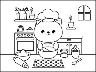 cute animal cooking coloring page vector illustration