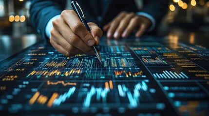 Naklejka premium Businessman analyzing financial data on a digital tablet with a pen.