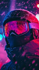 A skier closeup, wearing ski gear, profile photo,  experimental dark aesthetic style polaroid, dizzy effect, Dramatic lighting, mirrorglass effect, candid photo, fine grain, neon