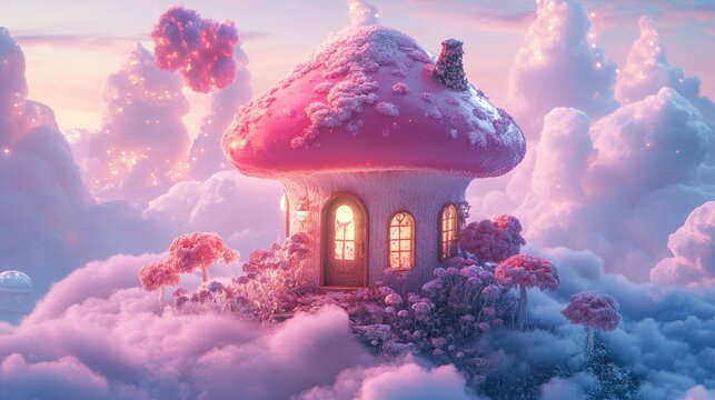 Pink mushroom house on clouds, marshmallow clouds, magic flowers, glowing, beautiful, fairytale art style, stereoscopic lighting, highly detailed, illusory 3D digital art