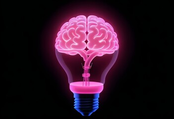 A pink neon brain-shaped light bulb against a dark background