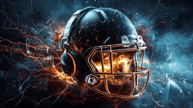 Football helmet in a thunder lightning with headphones and trumpet realistic