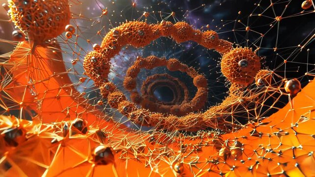 Orange tetrahedrons float in nebula-like expanse. Interconnected by gossamer threads, they form complex hive structure. Iridescent polyhedra simulate swarm intelligence.