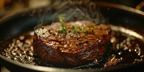 Fototapeta premium A juicy, mature beef steak sizzling in a skillet, with flavorful beef fat embodying a vibrant culinary essence.