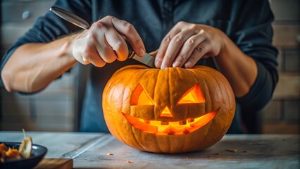 Man preparing to celebrate Halloween Day By carving Up Halloween pumpkin on table