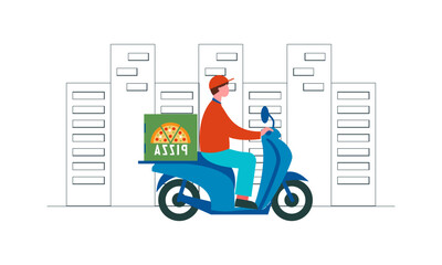 MobileCartoon pizza courier carries pizza on scooter. Pizzeria concept
