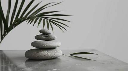 Obraz premium Stacked stones and palm leaf on light gray background for minimal product presentation.