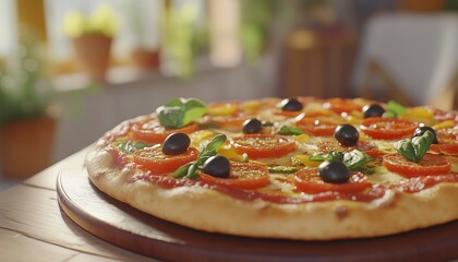 Pizza with tomato, olive and mint on board plate and dark background background