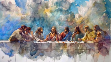 Fototapeta premium A vivid watercolor interpretation of The Last Supper, showcasing vibrant colors and abstract forms, blending tradition with a modern artistic twist.