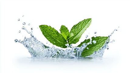 A leaf of mint is floating in a splash of water