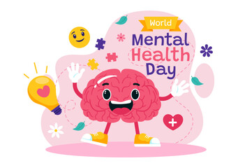 World Mental Health Day Vector Illustration on October 10 featuring Mental Health Awareness a Symbol with the Brain and Flowers in a Flat Background