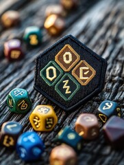 A black hexagonal patch with a white outline and four symbols inside, surrounded by a variety of colored dice on a wooden surface.