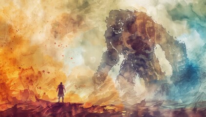 A dramatic watercolor scene depicting the giant Goliath facing the young David, set in a turbulent, blue-toned landscape