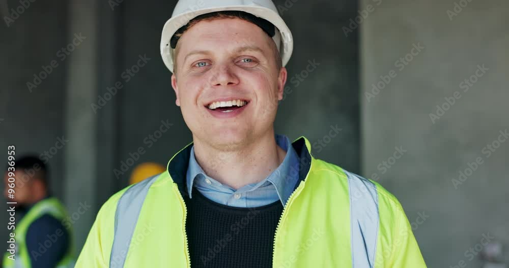 Aufkleber man, face and builder with smile for construction, industrial ambition and building renovation of de
