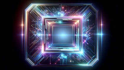 Vibrant Holographic Border Frame with Central Copy Space for Tech Branding Concept