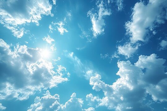 Blue sky with white clouds and bright sun in the daytime.
