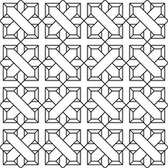 Seamless geometric pattern with crossed elements consisting of interlocking black lines on a white background. Suitable for backgrounds, textiles or decorative elements.