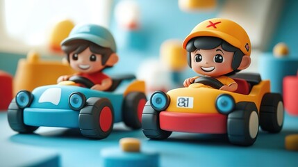 Obraz premium Cartoon kids 3D cartoon toy car on the park road with a beautiful background