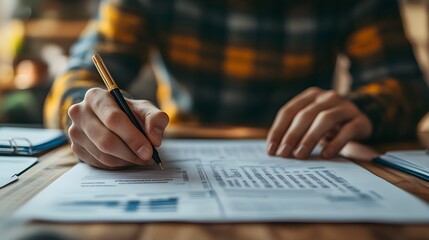 Individual reviewing a financial plan to ensure creditworthiness for a home loann refinance, close up, financial planning theme, realistic, Fusion, office desk with documents