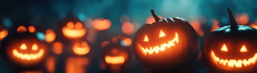 Fototapeta premium A captivating array of glowing jack-o'-lanterns, illuminating the dark with their charming yet spooky expressions for Halloween.