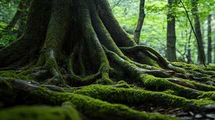 Lush Green Moss Covering Tree Roots in Forest