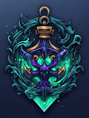 Fototapeta premium A stylized anchor with a gemstone and intricate floral designs in a vibrant color palette.