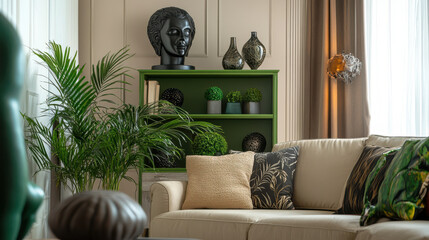 Stylish living room with a bright green shelf, contrasted against neutral walls, adorned with