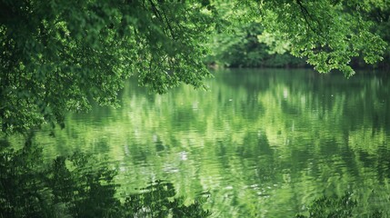 Obraz premium Green Leaves Reflecting on Calm Water Surface