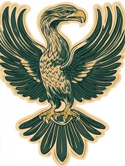 Obraz premium A detailed illustration of a green and brown eagle with its wings spread.