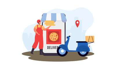 Cartoon pizza courier carries pizza on scooter. Pizzeria concept