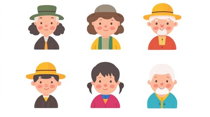 Nine Cute Old People Icons in Korean Style with Thick Lines and Cartoon Stickman Design. Featuring a White Background, Simple Lines, Flat Illustration, and Simple Colors. Styled Like Children's Book 