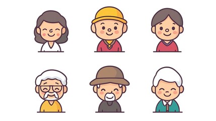 Nine Cute Old People Icons in Korean Style with Thick Lines and Cartoon Stickman Design. Featuring a White Background, Simple Lines, Flat Illustration, and Simple Colors. Styled Like Children's Book 